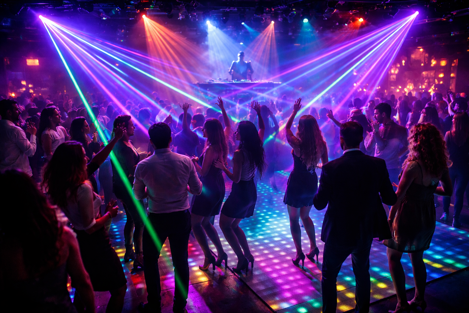 Guests dancing under laser and LED lighting